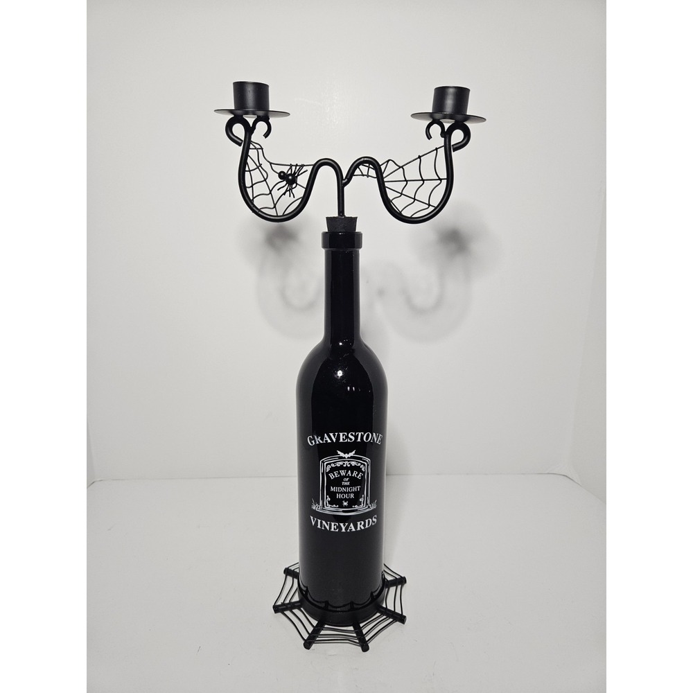 Halloween Wine Bottle Candelabra Gravestone Vineyards Spider Web Candle Holder